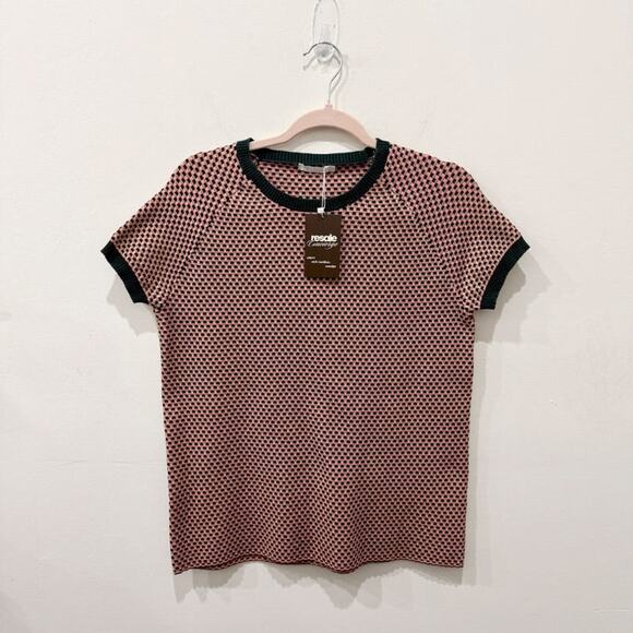 COS Checkered Crew Neck Short Sleeve Knit Sweater Top Pink/Green Women's Large - Picture 2 of 5